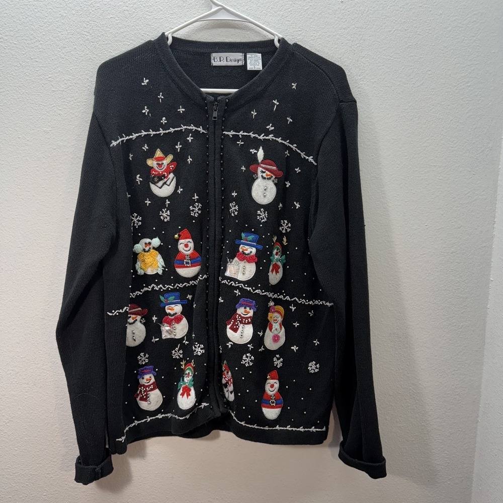 BP Design Knit Holiday Sweater SZ L Snowman Embroidered Christmas Jacket Beaded